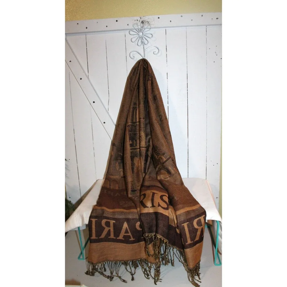 Brown Scarf Wrap Paris Eiffel Tower with Fringe 100% Viscose 70